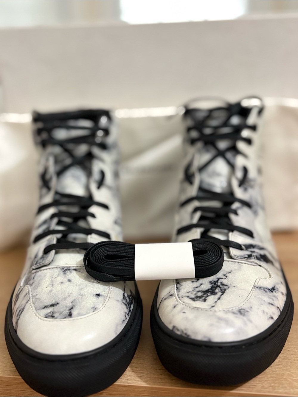 Balenciaga Marble-Print High-Top Sneakers in White and Black